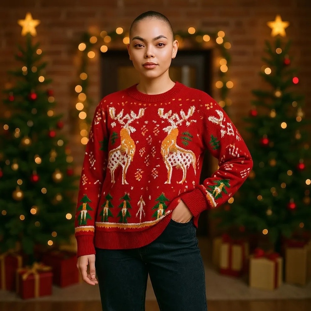 Agnes Orinda Christmas Sweater Reindeer‎ Trees Holiday Knit Red 2X